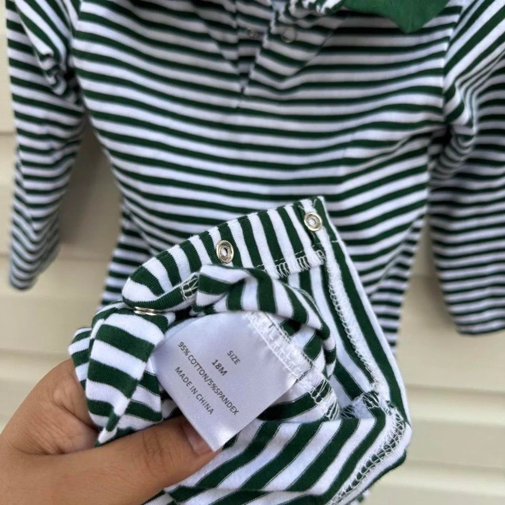 Stitchy Fish white & blue striped romper with green collar